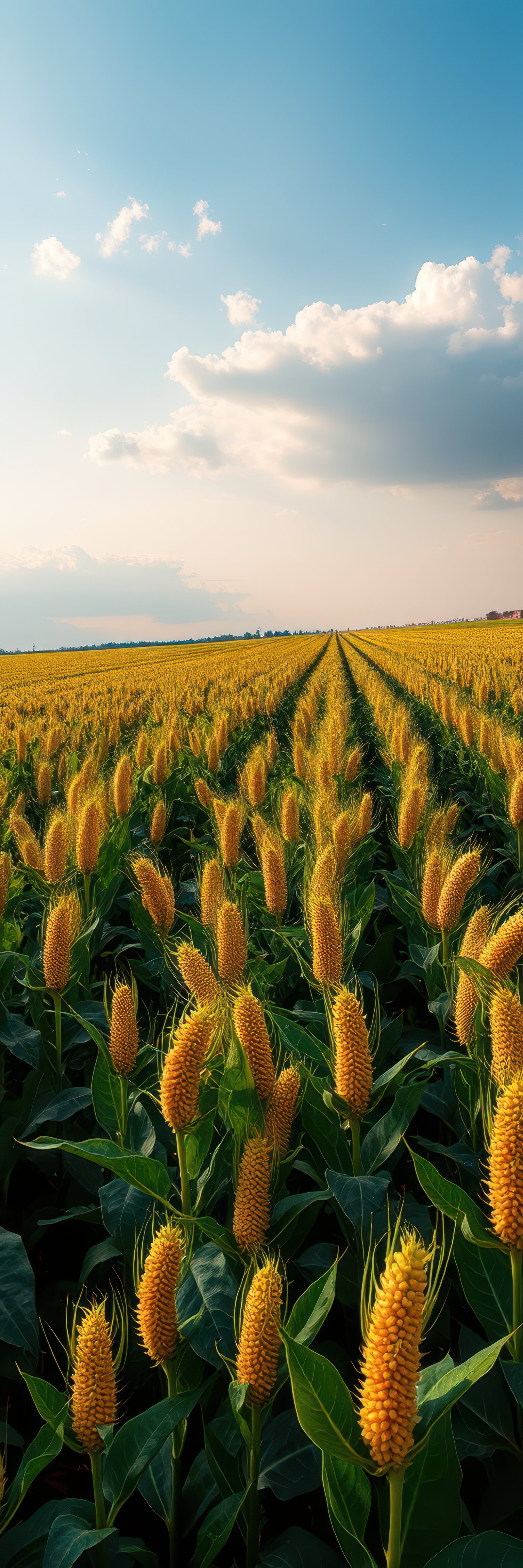 A field of golden wheat, with a clear blue sky and fluffy white clouds above, stretches out towards the horizon on a sunny day